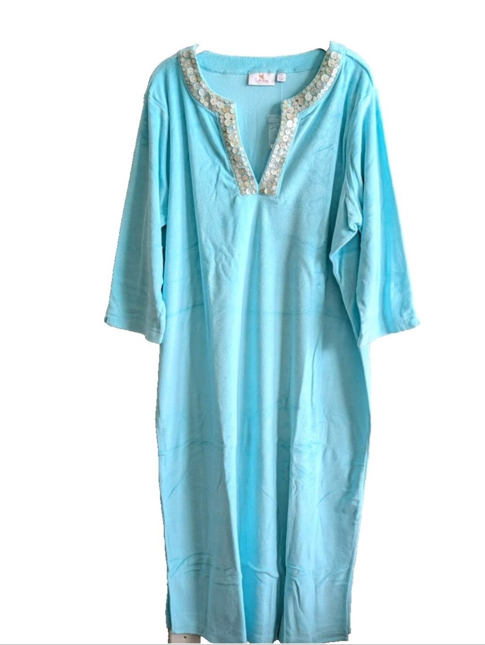 Quacker Factory Terry Maxi Caftan Dress Aqua Resort Poolside Cruise Size 1X NWT